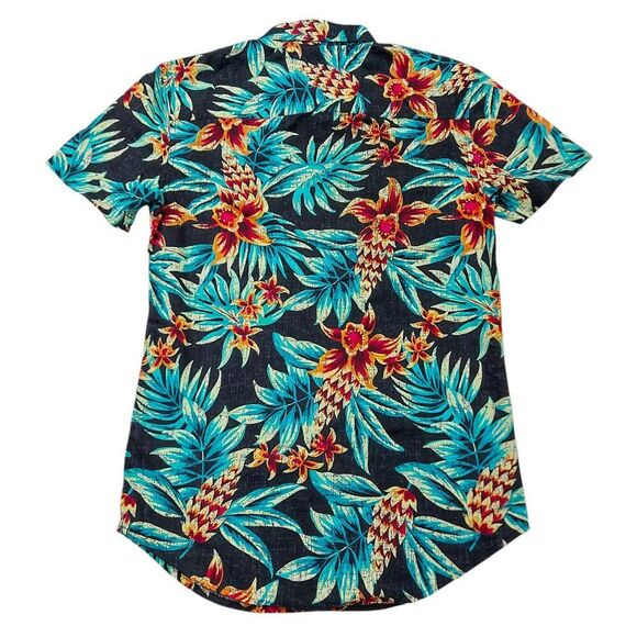 George Button Up Slim Fit Shirt Youth XS Black Green Tropical Print Short Sleeve - Picture 4 of 8